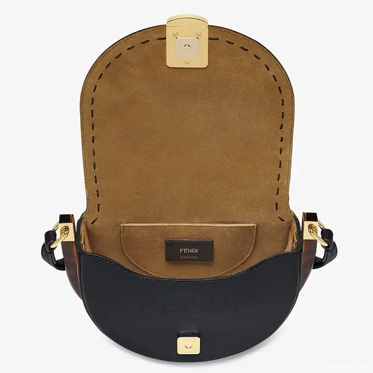 Affordable Black Leather Calf ROMA Bag In Fendi Logo Moonlight 0413 HOT SALE